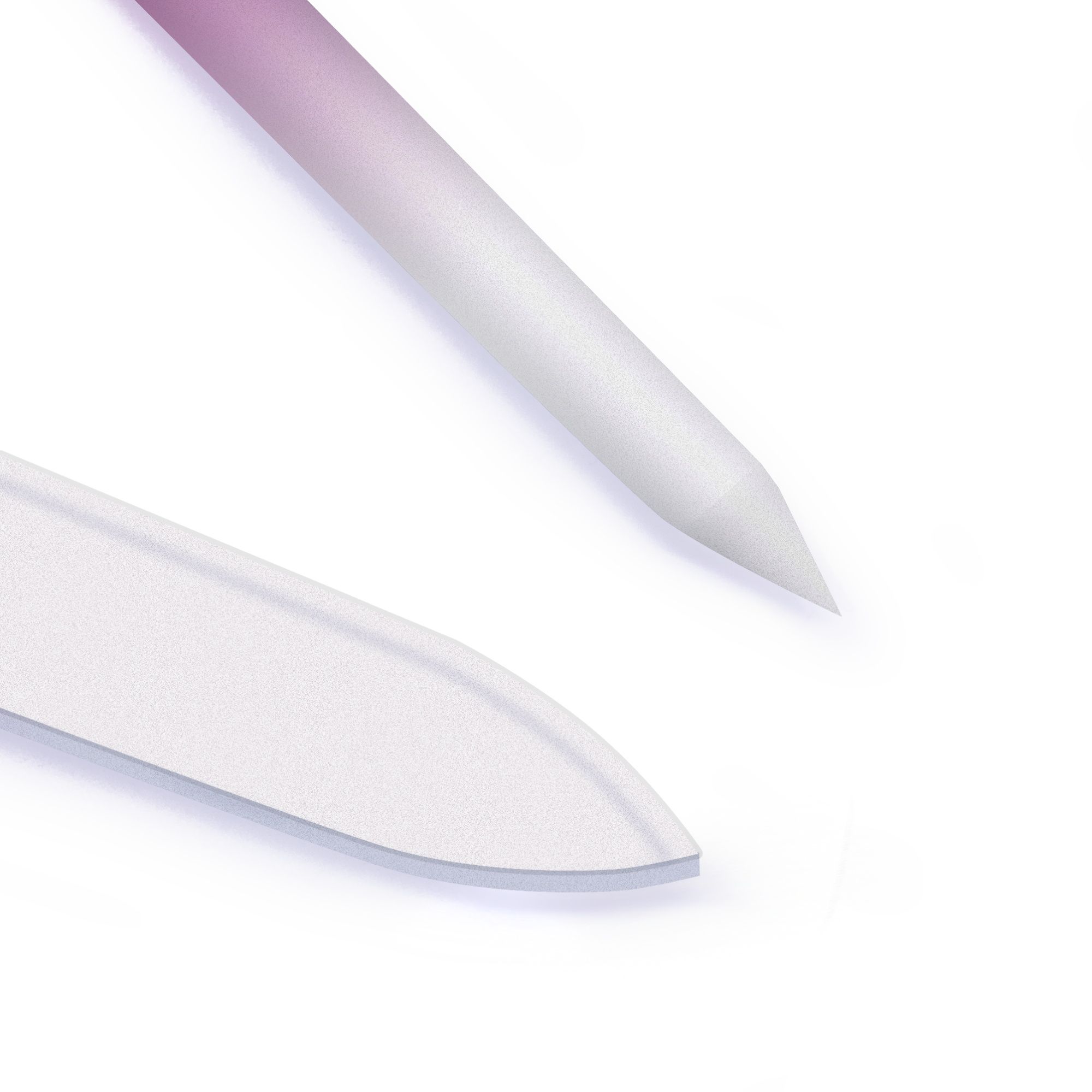 Nahaufnahme von zwei Glasnagelfeilen. Eine spitz, die andere abgerundet. Farbverlauf von transparent zu rosa.
