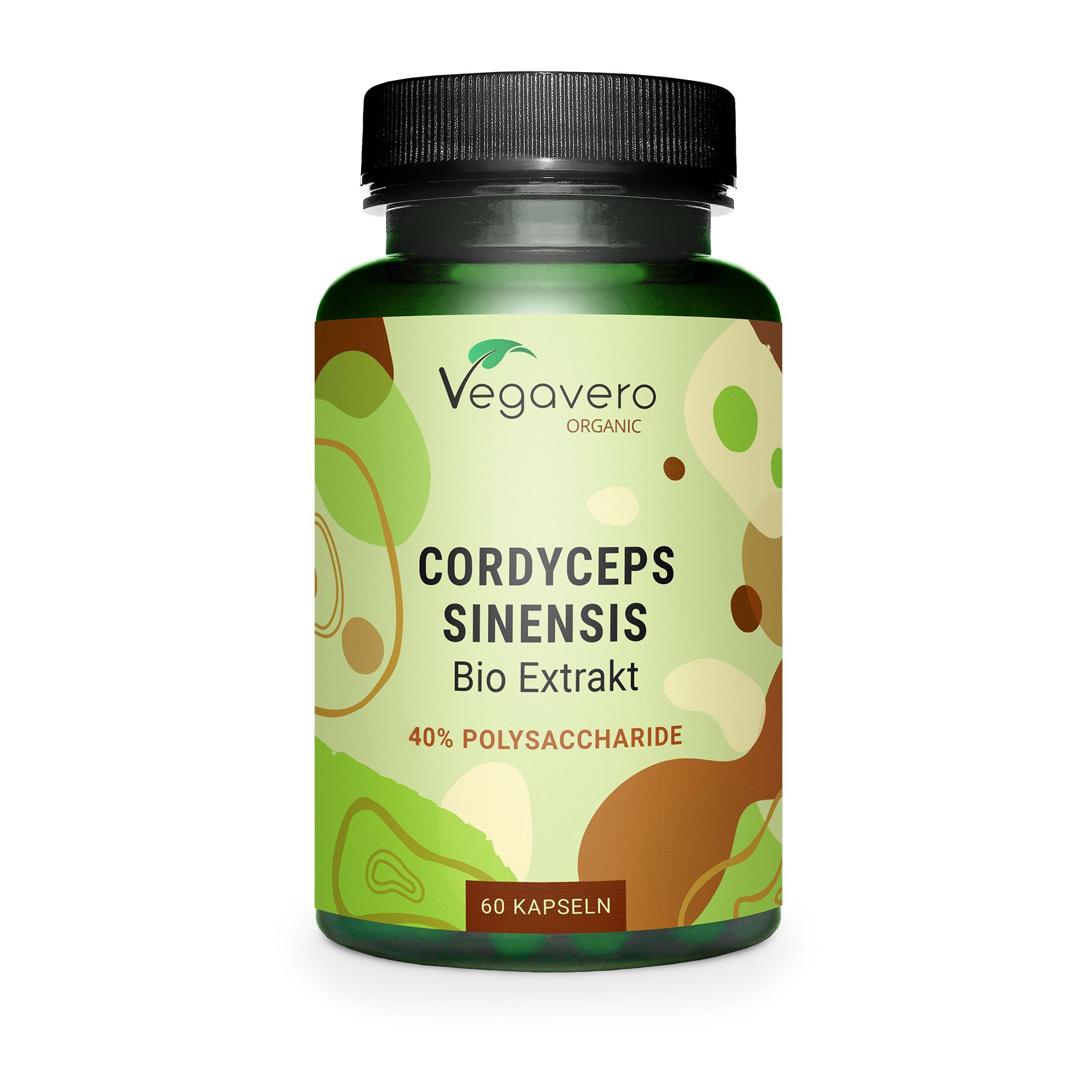 Grüne Flasche mit schwarzen Deckel. Aufschrift: Cordyceps Sinensis Bio Extrakt, 40% Polysaccharide, 60 Kapseln. Marke: Vegavero Organic.