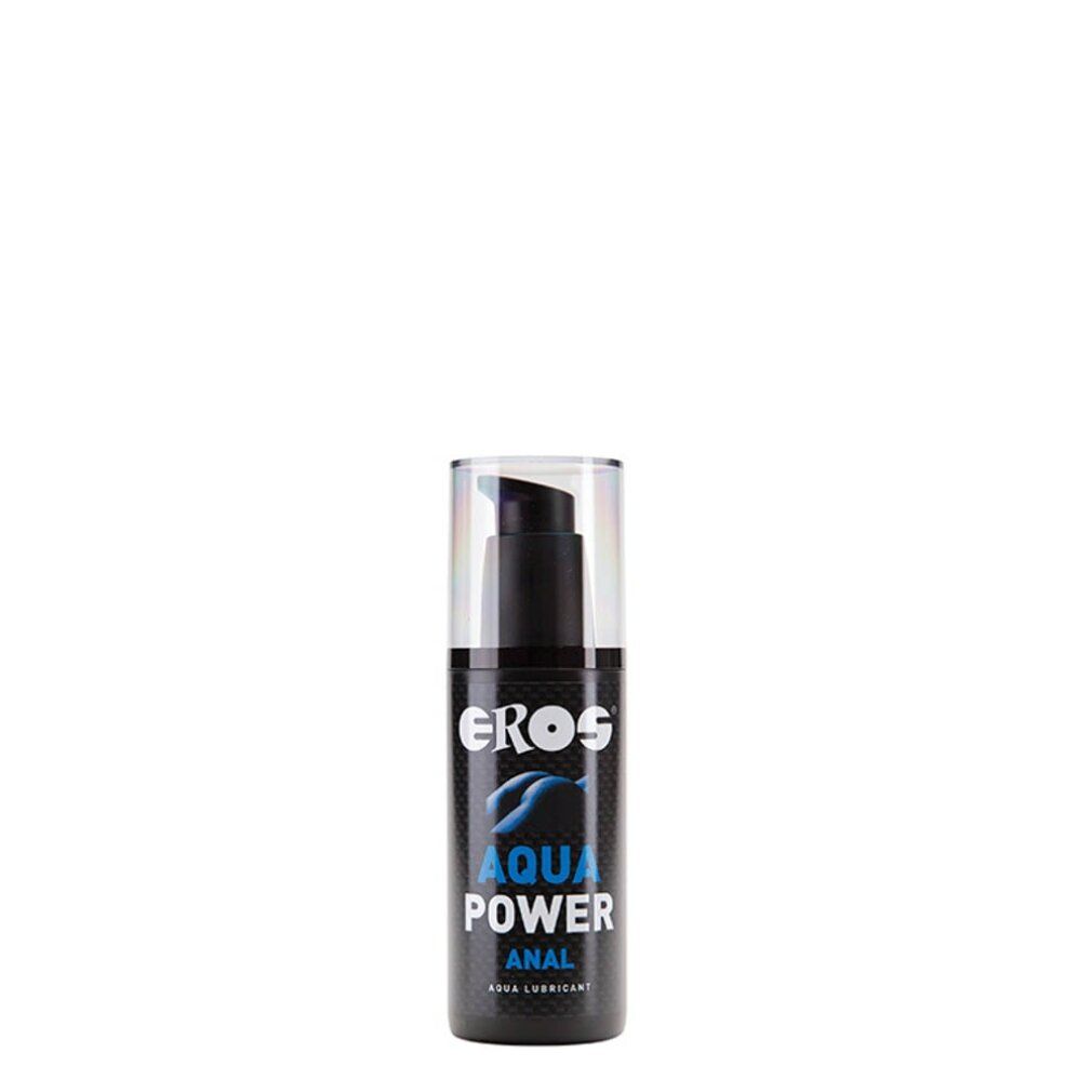 Schwarze Flasche mit Pumpe. Aufschrift: EROS, AQUA POWER, ANAL. Aqua Lubricant.