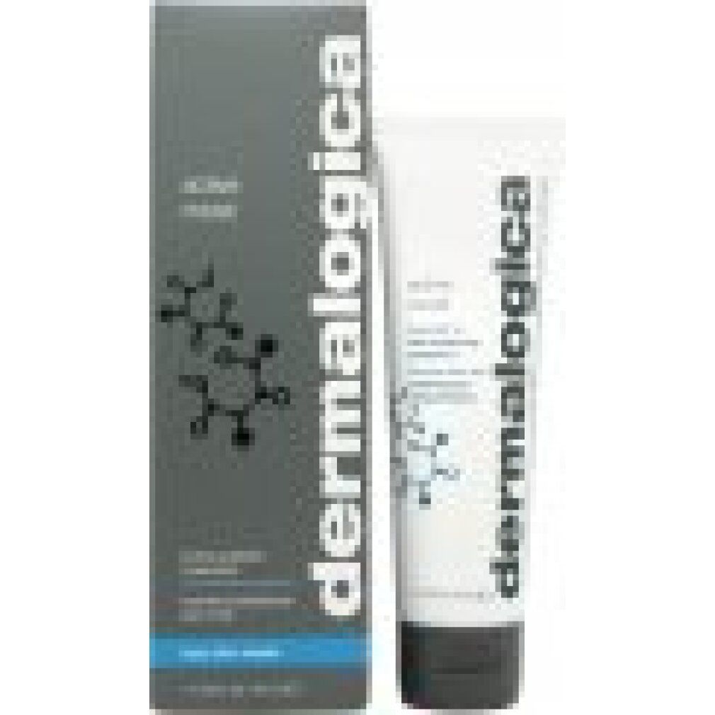 Produktverpackung und Tube. Verpackung grau mit blauer Linie, Schriftzug "dermalogica". Tube weiß mit "active moist" und "dermalogica".