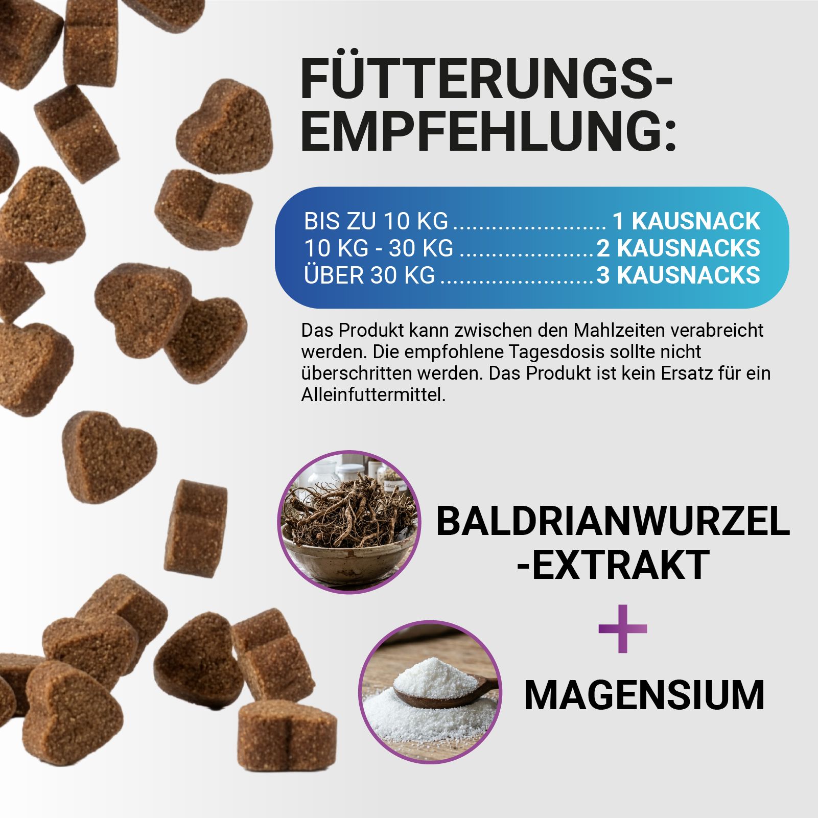 Hundefutter: Kausnacks mit Baldrianwurzelextrakt und Magnesium. Fütterungsempfehlung nach Gewicht.