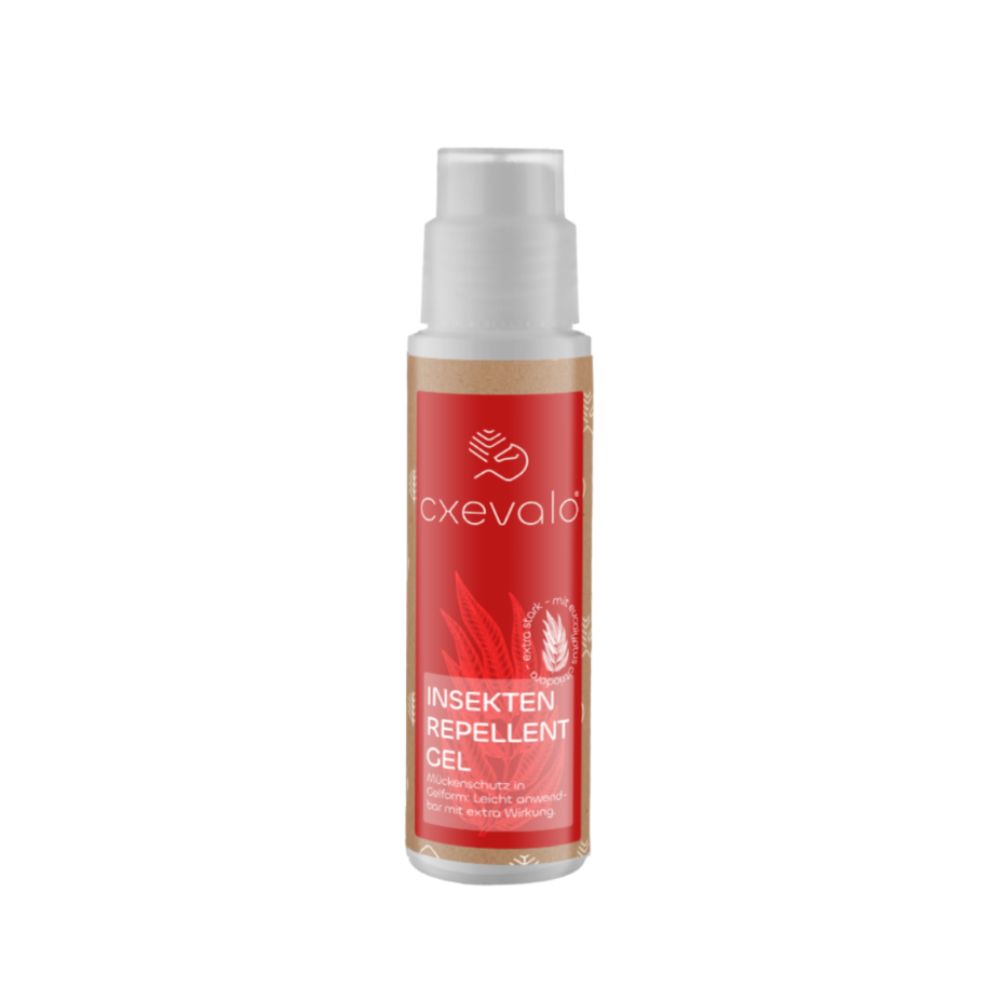 Zylindrische Flasche mit rotem Etikett. Aufschrift: cxevalo, Insekten Repellent Gel. Weißer Pumpkopf.