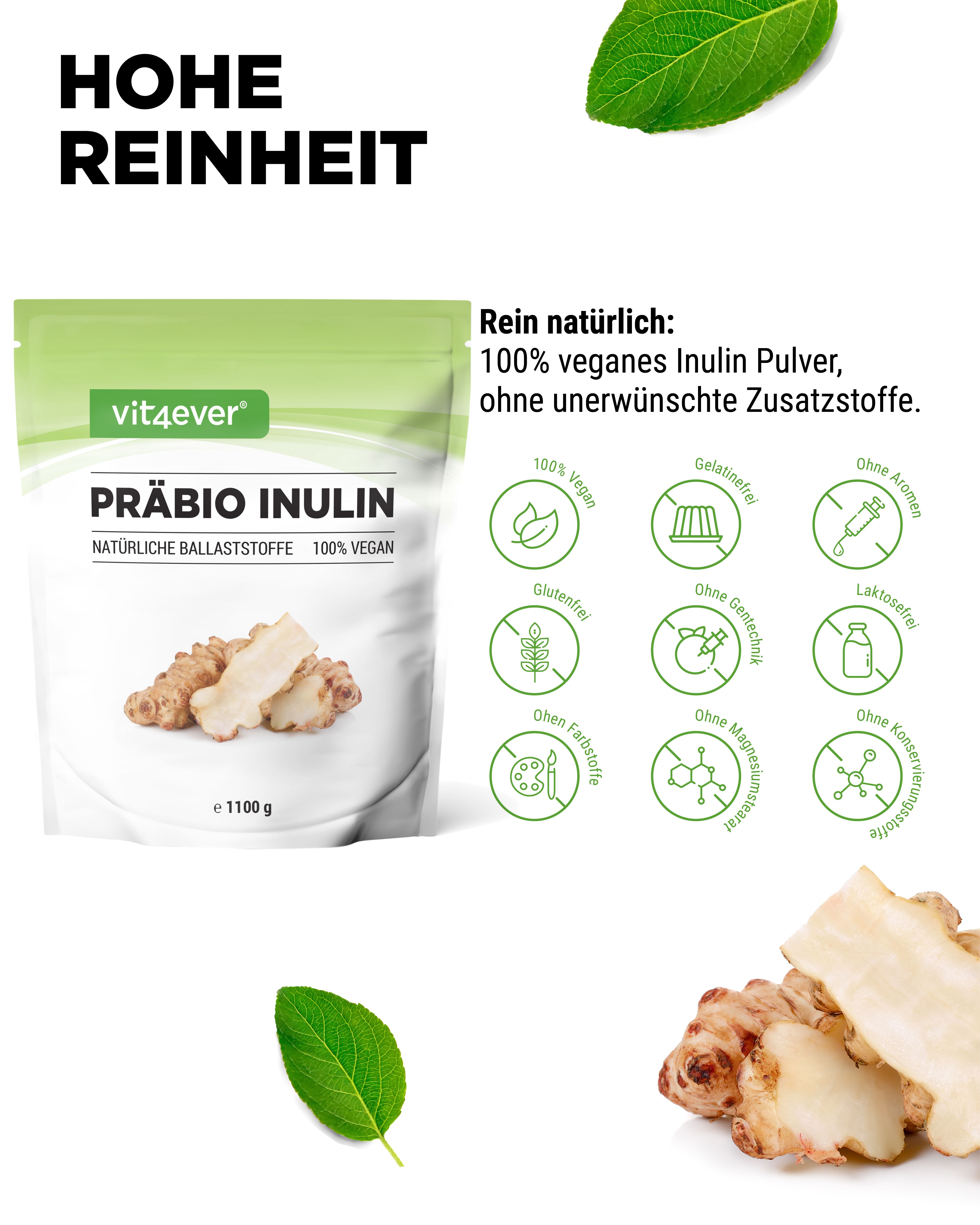 Beutel Präbio Inulin, 1100g. Verpackung mit Logo und Produktbezeichnung. Illustration von Chicoréewurzeln. 100% vegan.