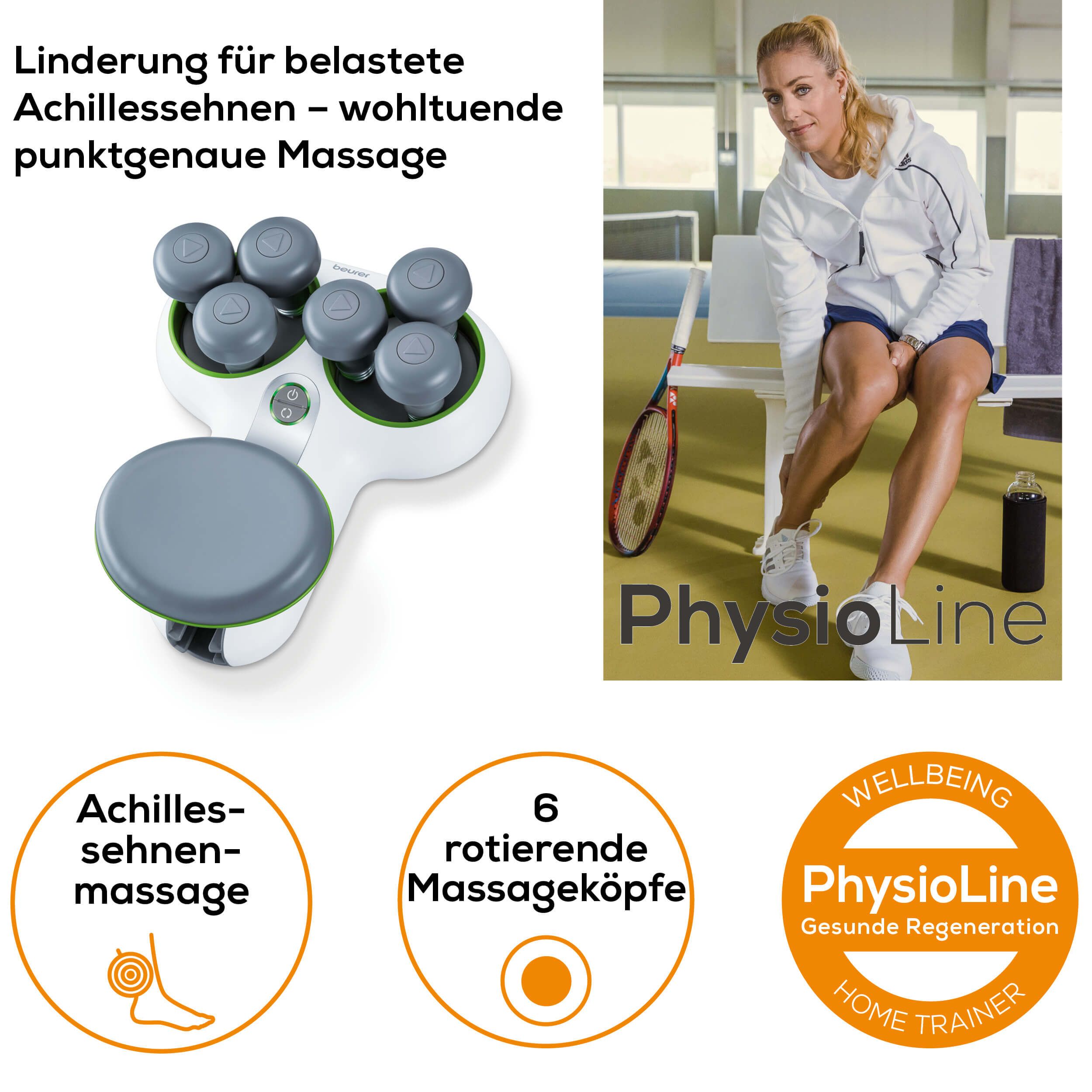 Weißes Massagegerät mit 6 rotierenden Massageköpfen. Logo PhysioLine und Wellbeing.