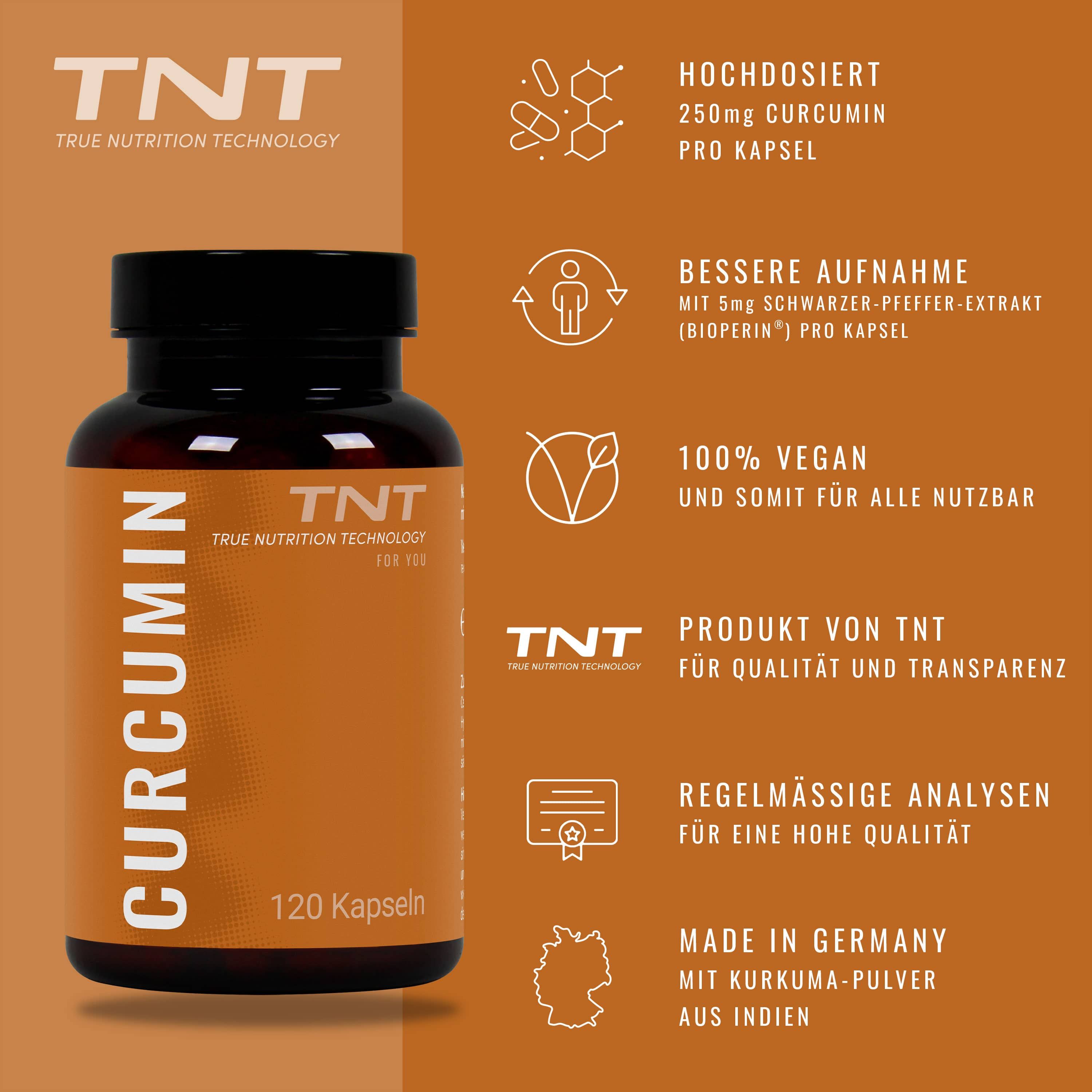 Braune Flasche mit schwarzem Deckel. Aufschrift CURCUMIN und TNT. 120 Kapseln. Text mit Informationen.