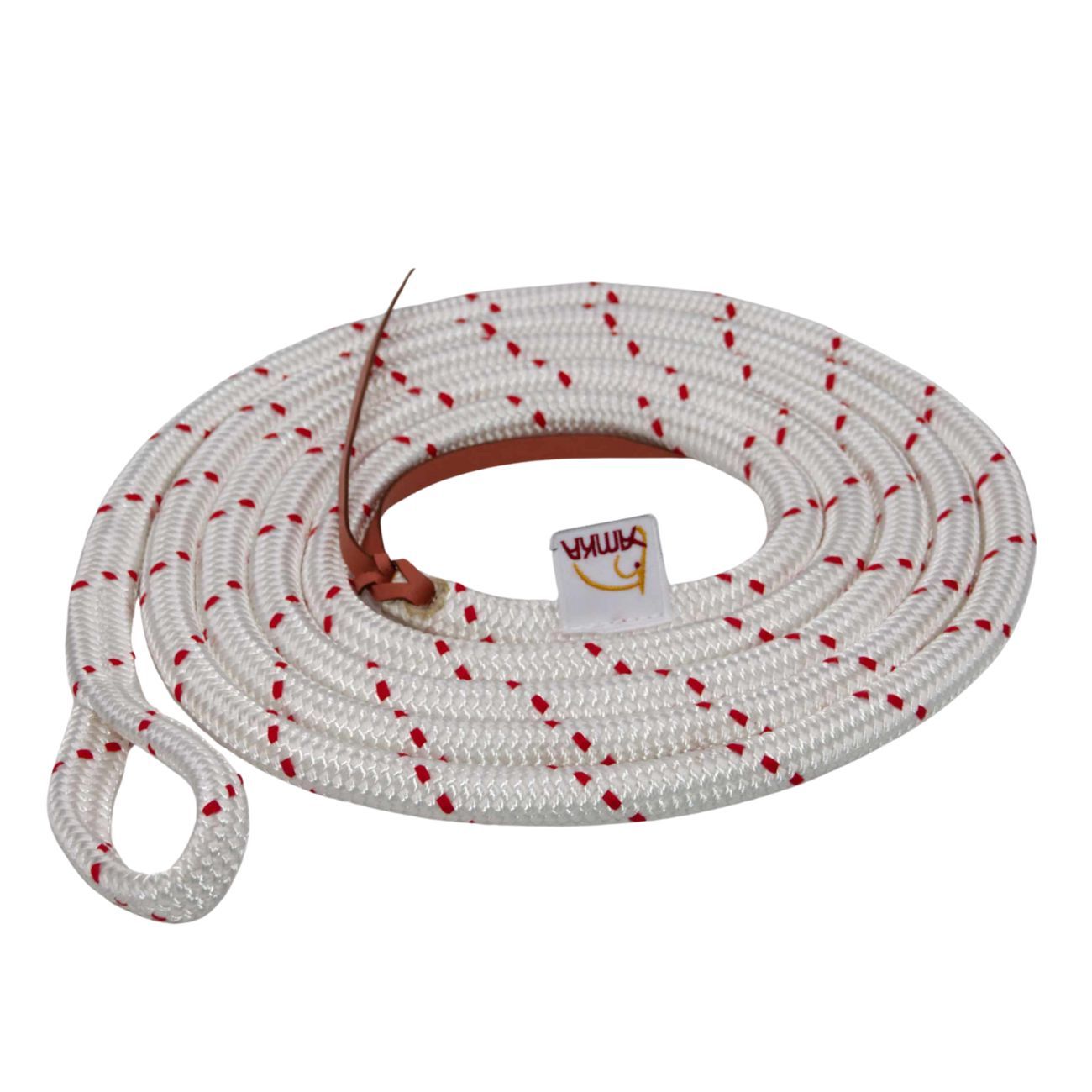 Weißes Seil mit roten Akzenten, Lederriemen und AMKA-Etikett.