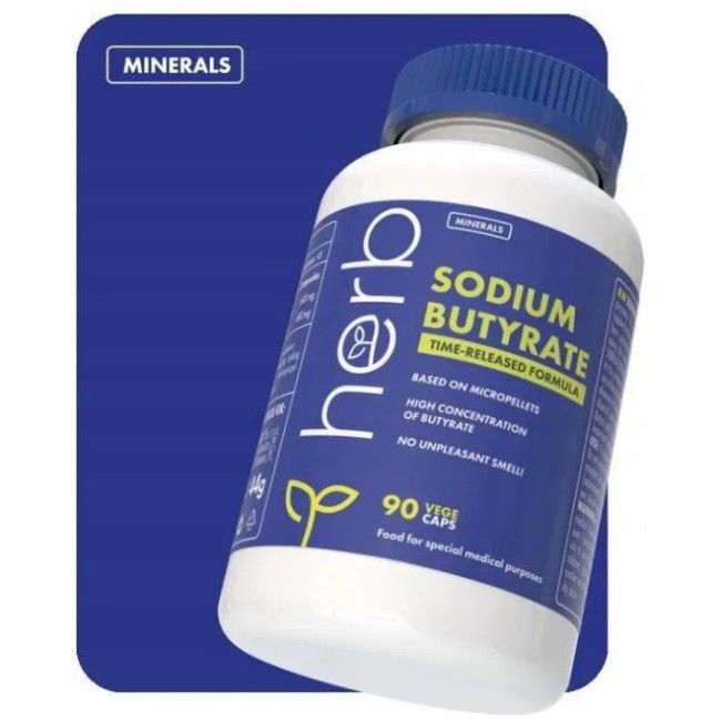 Weiße Flasche mit blauem Etikett: Herb Sodium Butyrate, 90 Veggie Caps, Nahrungsergänzungsmittel für spezielle medizinische Zwecke.