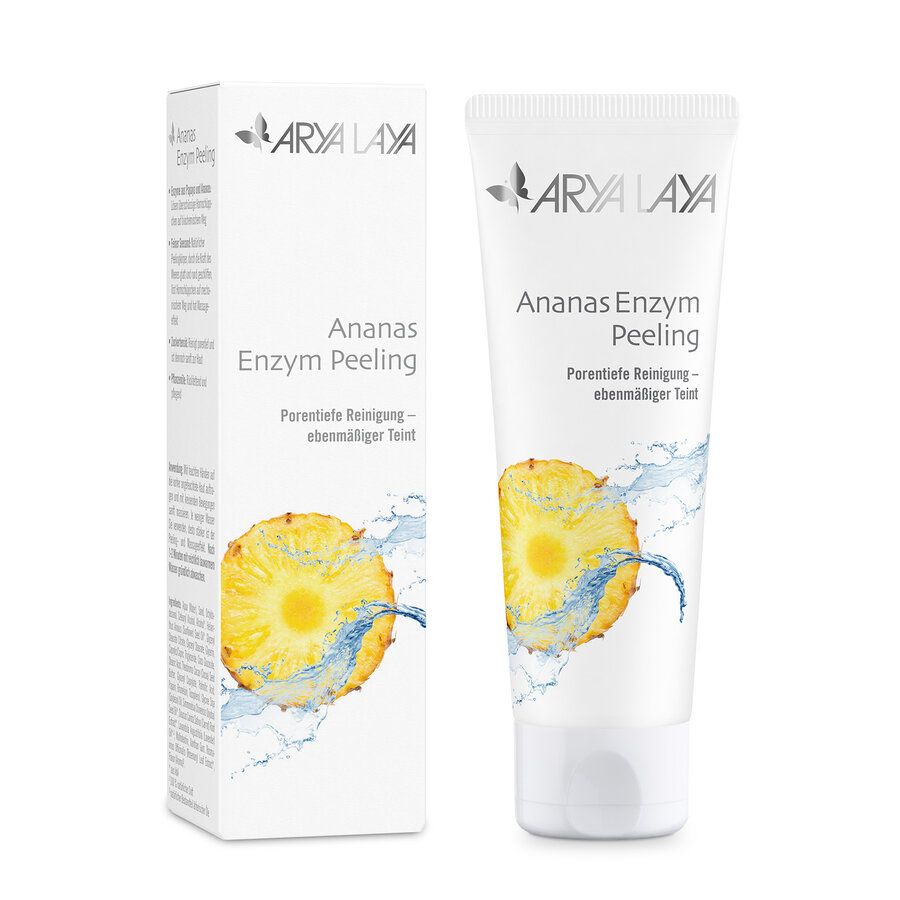 Arya Laya Ananas Enzym Peeling Tube und Faltschachtel mit Ananas-Motiv und Wasserspritzern.