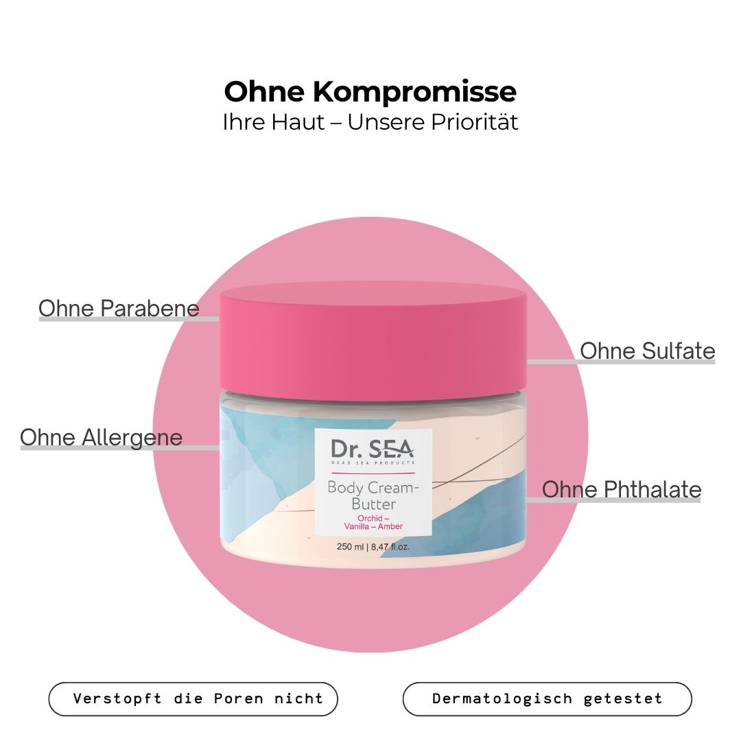 Creme-Butter-Behälter mit rosa Deckel. Text: Ohne Parabene, Ohne Sulfate, Ohne Allergene, Ohne Phthalate.