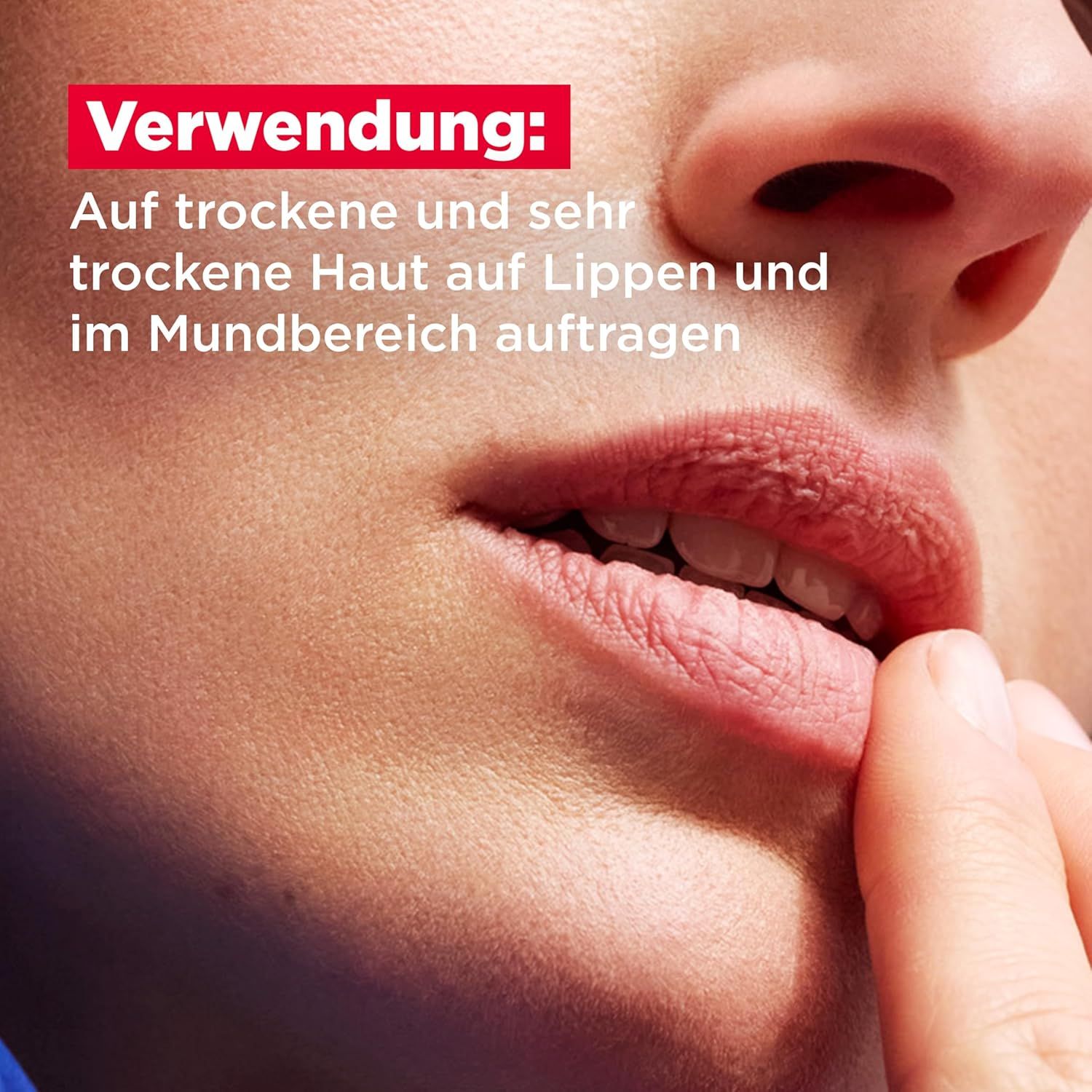 Nahaufnahme von Lippen. Text: Verwendung: Auf trockene Haut auf Lippen und im Mundbereich auftragen.