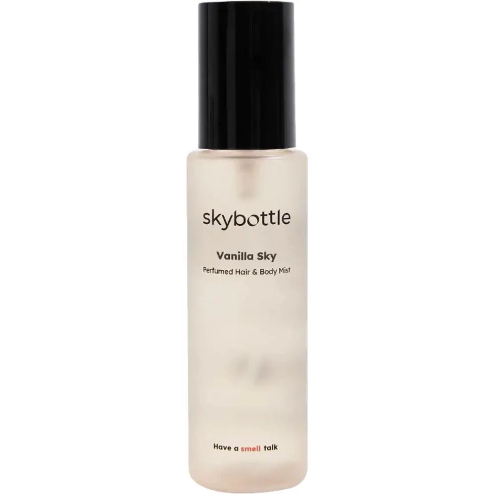 SKYBOTTLE Vanilla Sky, Parfüm für Haar & Körper. Zylindrische Flasche mit schwarzem Sprühkopf. Aufschrift: Have a small talk.