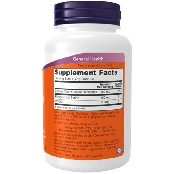 Rückseite der Flasche. Orangefarbenes Etikett mit "Supplement Facts". Enthält Cholin, Inositol und Phosphatidylserin. Weiße Flasche.