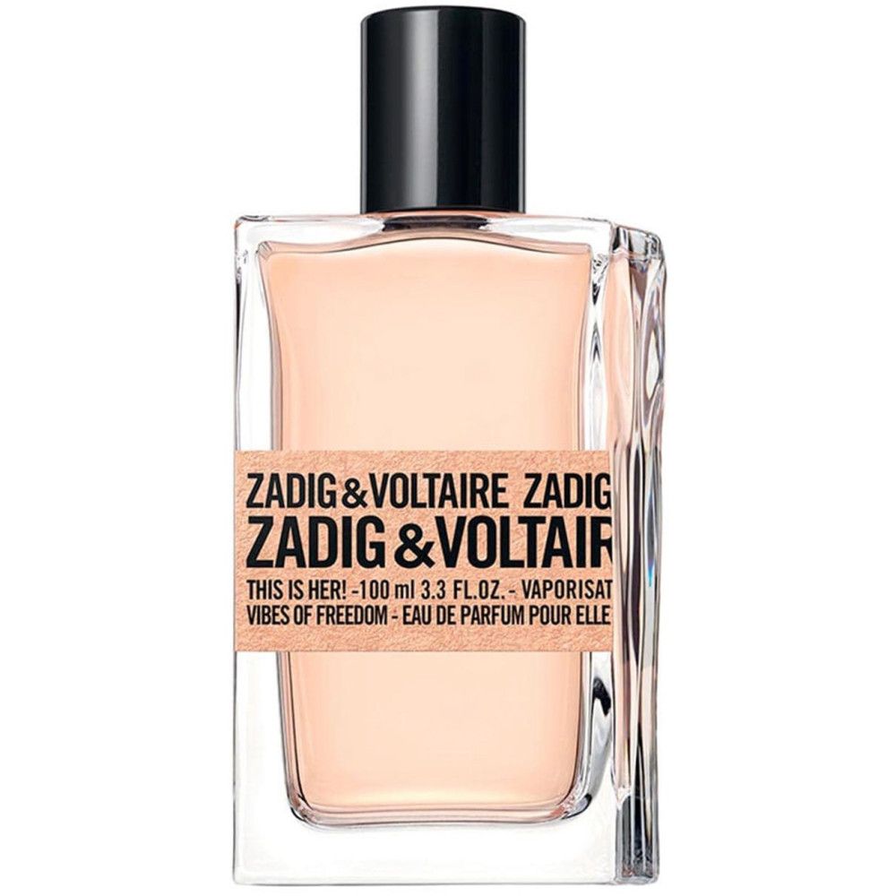 Zadig & Voltaire, This is Her! Vibes of Freedom EdP Nat. Spray. Flakon. Schwarzer Verschluss, rosafarbene Flüssigkeit.