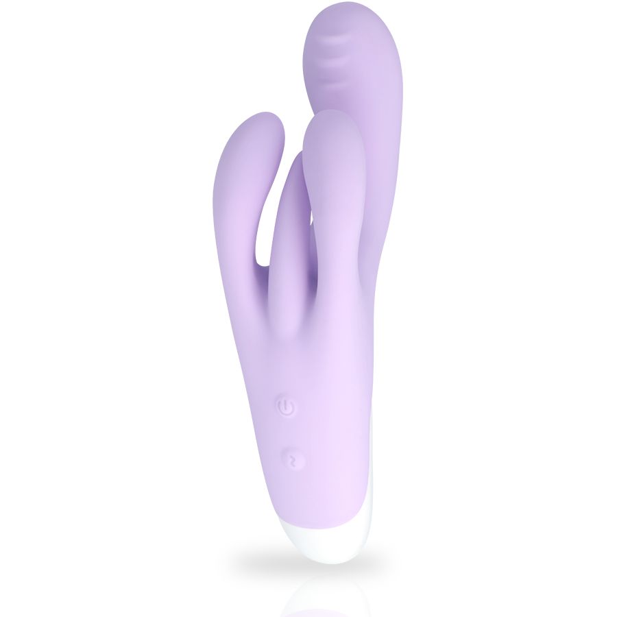Lila Vibrator mit drei Vorsprüngen und zwei Knöpfen. Weiße Basis.