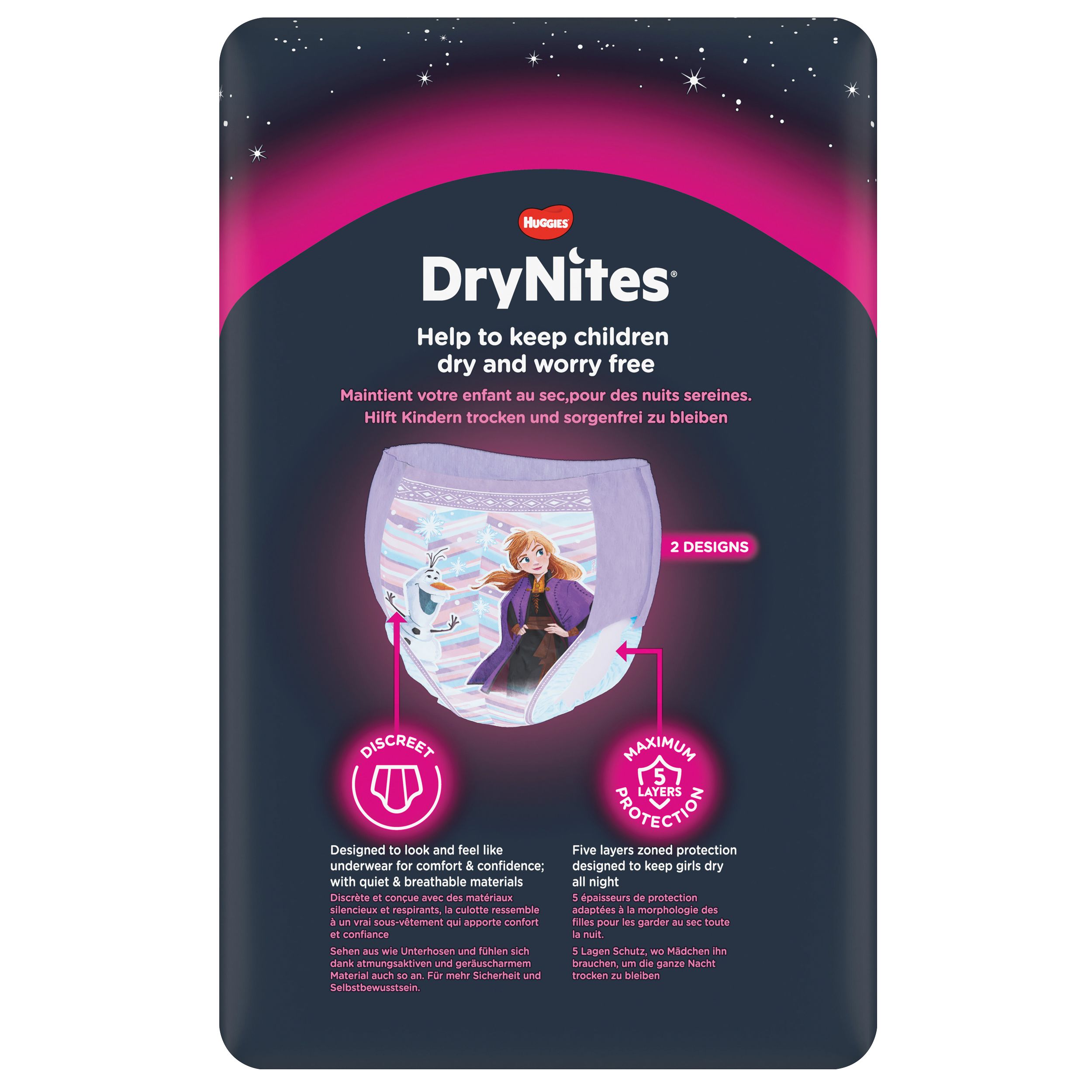 Huggies DryNites Windelhosen. Packung mit Windelhosen für Mädchen. Enthält 2 Designs. 5-Lagen-Schutz. Diskret und atmungsaktiv.