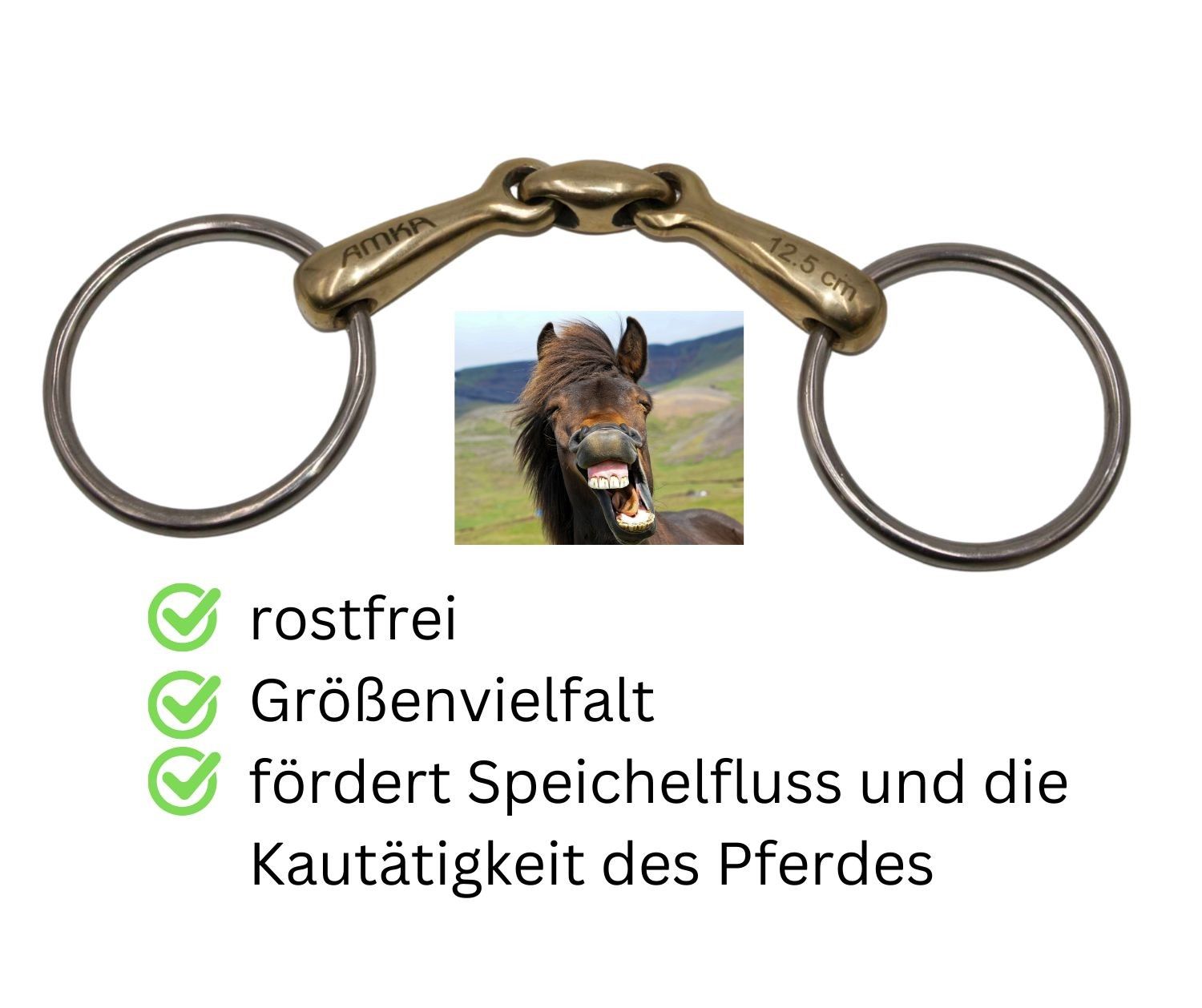 AMKA Wassertrense. Metall, goldfarbenes Mundstück, silberne Ringe. Text: rostfrei, Größenvielfalt, fördert Speichelfluss.