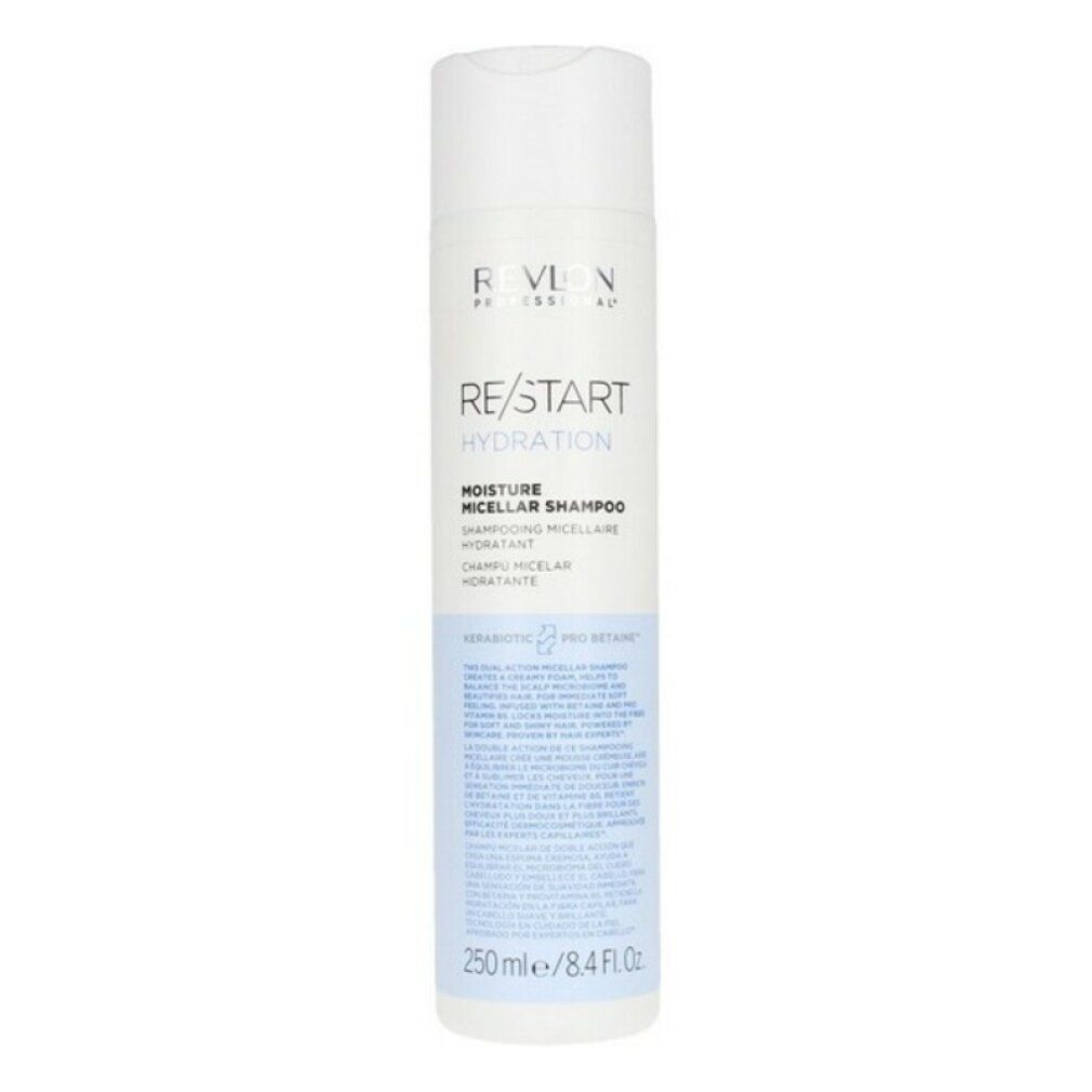 Revlon Re-Start Hydration Shampoo. Kleine weiße Flasche mit blauem Etikett. Text: RE/START Hydration, Moisture Micellar Shampoo.