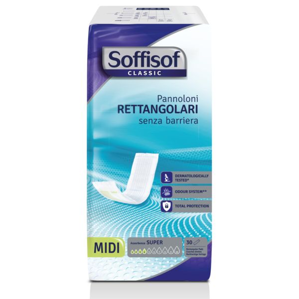 Verpackung mit Soffisof Classic Rechteckeinsatz Windeln ohne Barriere. Text: PANNOLONI RETTANGOLARI senza barriera.