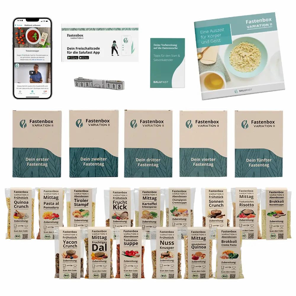 Mehrere Packungen Salufast 5-Tage Fastenbox, Variation II, mit Mahlzeiten und Zubehör. Enthält auch eine App und Broschüren.