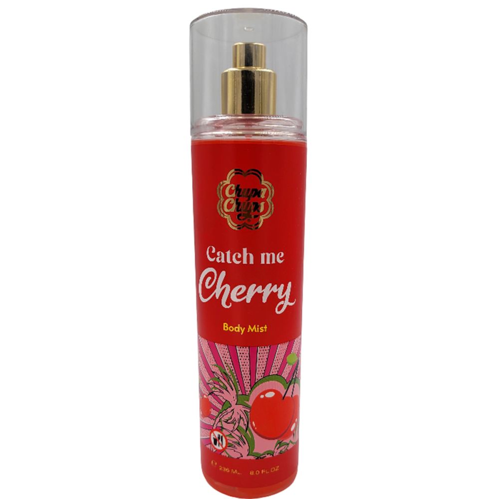 Rote Sprühflasche Catch me Cherry mit goldenem Sprühkopf und transparenter Kappe.