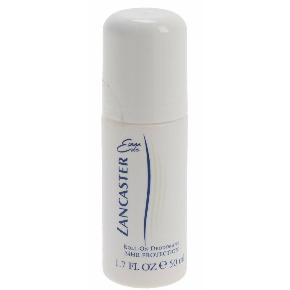 Weißer Roll-On-Deodorant. Aufschrift: Eau de Lancaster, Roll-On Deodorant 24HR Protection.