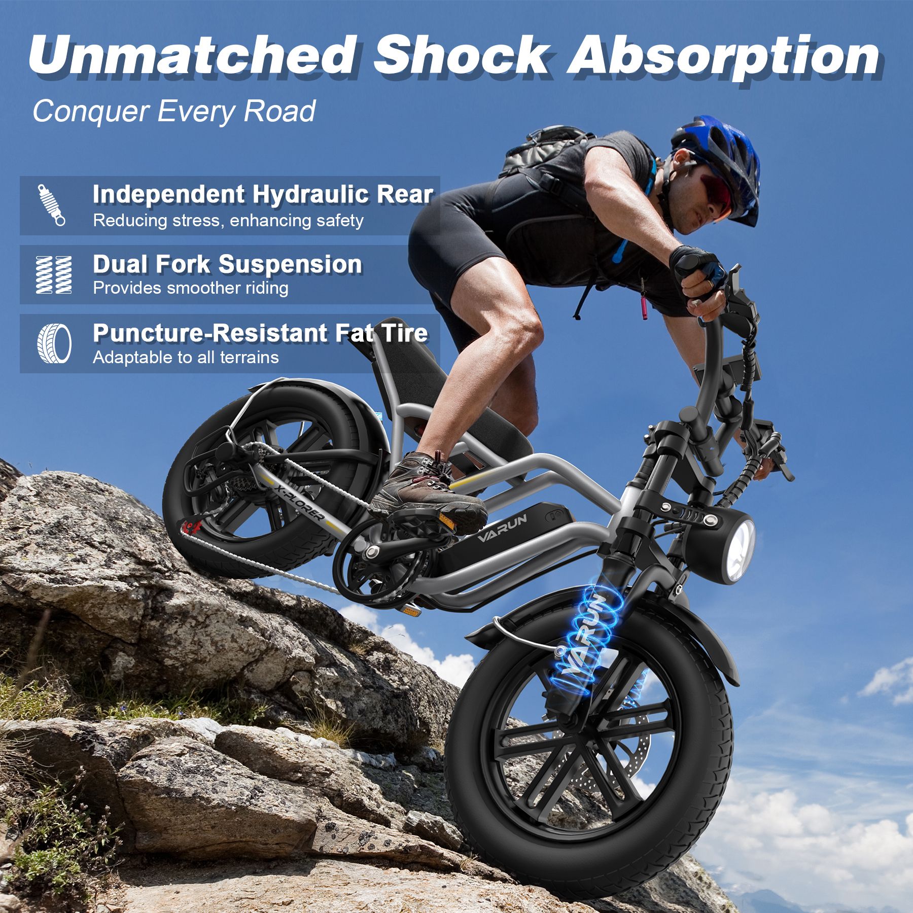 E-Bike fährt über Felsen. Text: Unmatched Shock Absorption. Unabhängige hydraulische Federung, Doppelfederung.