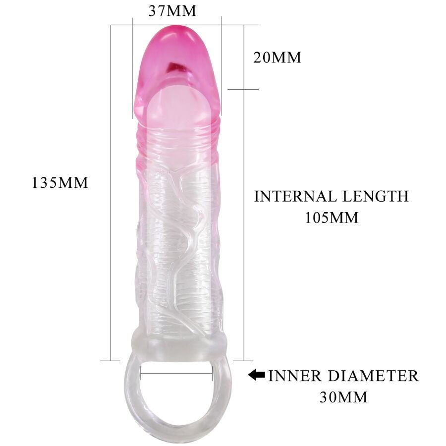 Transparente Penishülle mit rosa Spitze und Ring. Abmessungen: 135mm Länge, 37mm Breite, 30mm Innendurchmesser.