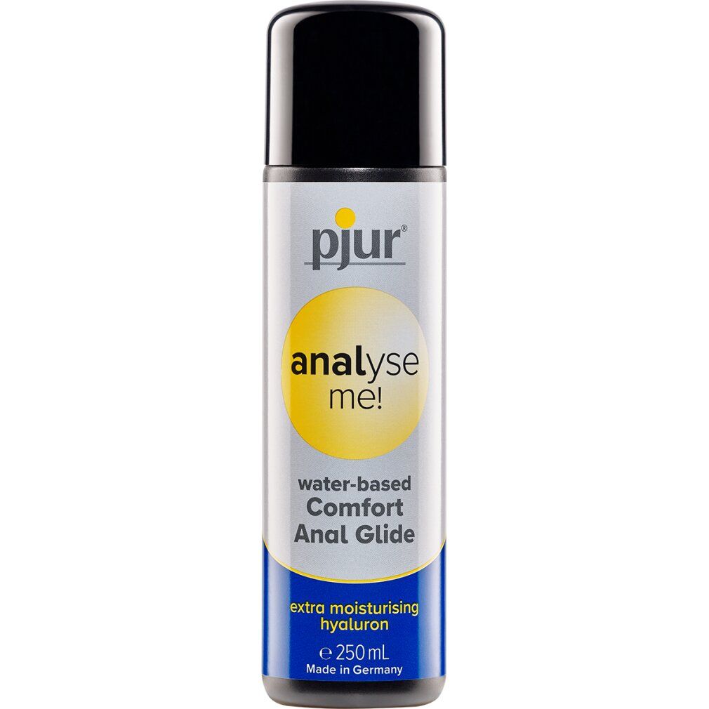 Flasche mit schwarzem Deckel. Aufschrift: pjur, analyse me!, water-based Comfort Anal Glide, extra moisturizing hyaluron. 250ml.