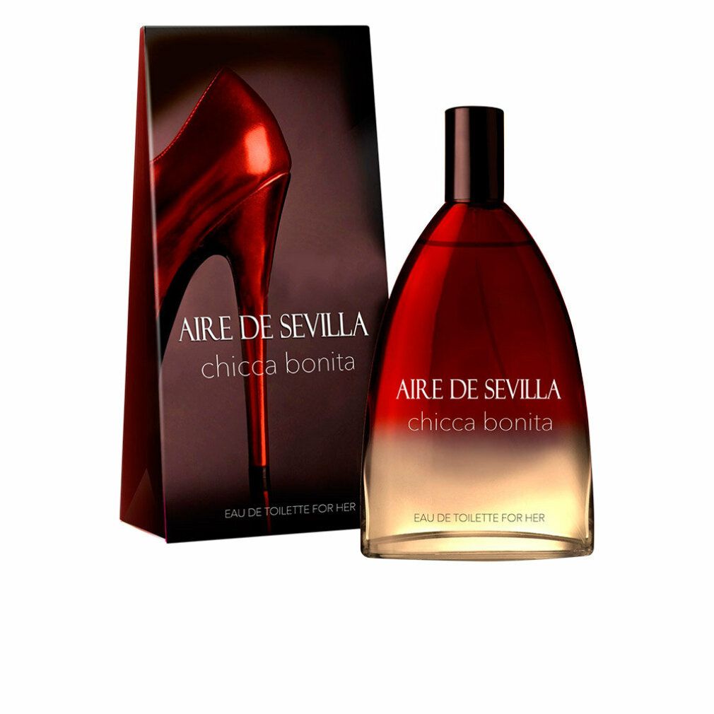 Parfümflasche und Verpackung. Flasche rot-weiß, schwarzer Deckel. Verpackung mit rotem Absatz. Text: Aire de Sevilla Chicca Bonita.