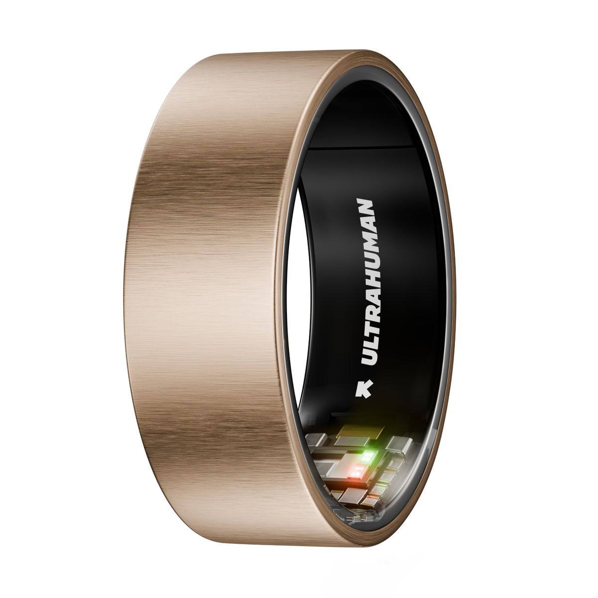 Ring aus Metall, goldfarben. Innenliegend: Elektronik, Schriftzug ULTRAHUMAN. Grün und rotes Licht sichtbar.