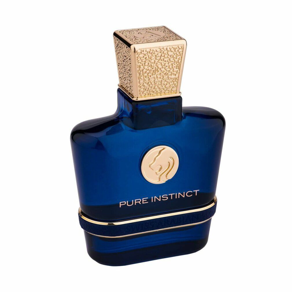 Dunkelblaue Glasflasche mit goldenem Verschluss und dem Schriftzug "PURE INSTINCT".