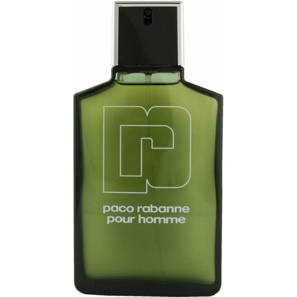 Grüne Paco Rabanne Pour Homme Flasche. Weißes Logo und Schriftzug. Schwarzer Deckel. Eau de Toilette Spray.