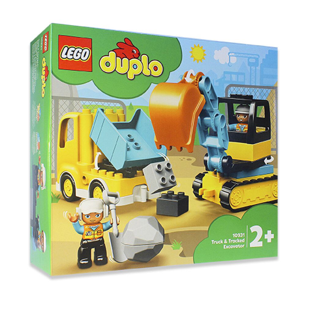 LEGO Duplo Bagger und Laster. Verpackung mit gelbem Laster, Bagger, Figuren und Steinen. Logo, Produktname und Altersempfehlung.