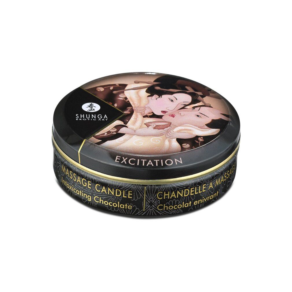 Shunga Massage Candle, Duft: Intoxicating Chocolate. Geschlossener Behälter mit erotischer Kunst und "Excitation"-Aufschrift.