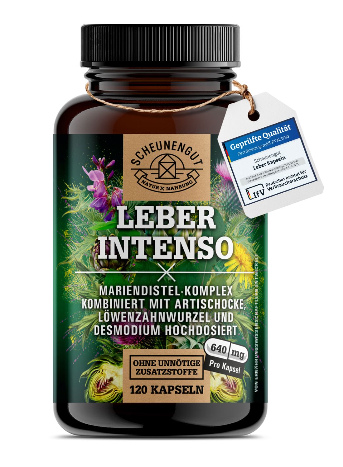 Produktabbildung: Braune Flasche LEBER INTENSO mit Etikett. Text: 120 Kapseln, Mariendistel-Komplex, ohne unnötige Zusatzstoffe, 640 mg pro Kapsel.