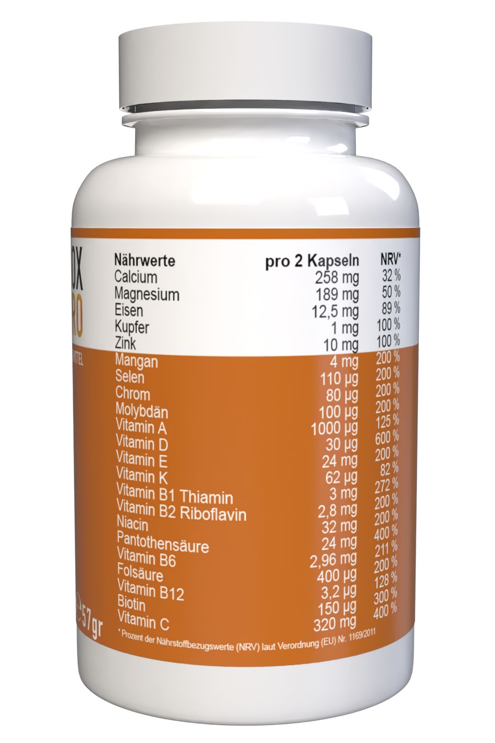 Weiße Kapsel-Dose mit braunem Etikett. Nährwerttabelle mit Angaben zu Calcium, Magnesium, Eisen, Kupfer, Zink, etc. pro 2 Kapseln.