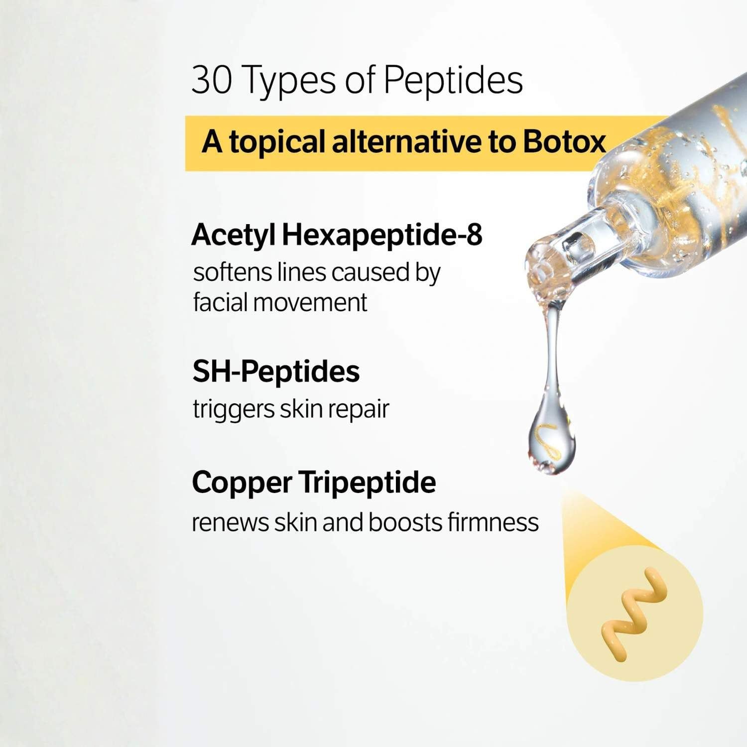 Pipette mit Serum. Text: 30 Peptid-Typen, Acetyl Hexapeptid-8, SH-Peptide, Kupfer-Tripeptid.