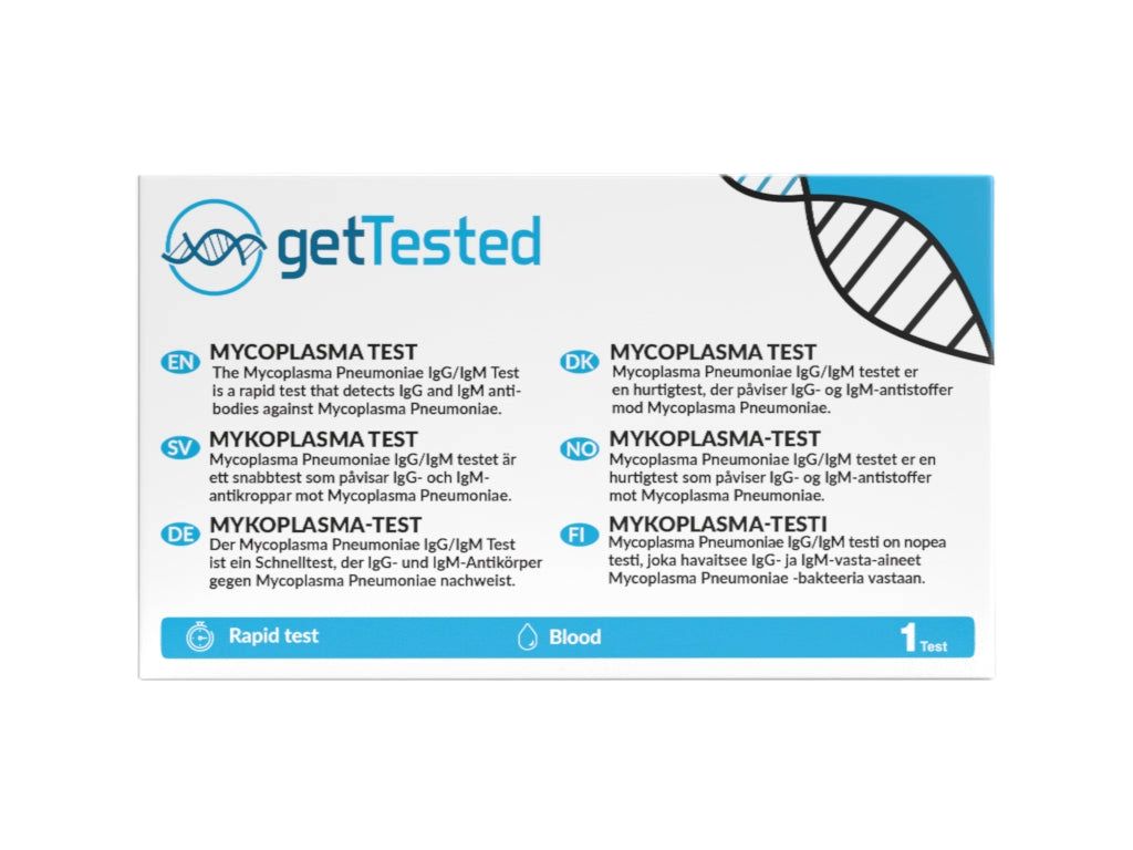 Schachtel mit Produktinformationen. Enthält Text in verschiedenen Sprachen: Mykoplasma-Test, Schnelltest, Blut, 1 Test.