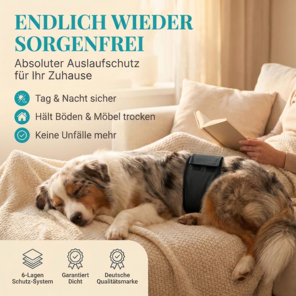 Hund mit schwarzer Bauchbinde liegt auf Sofa. Text: Tag & Nacht sicher, hält Böden & Möbel trocken.