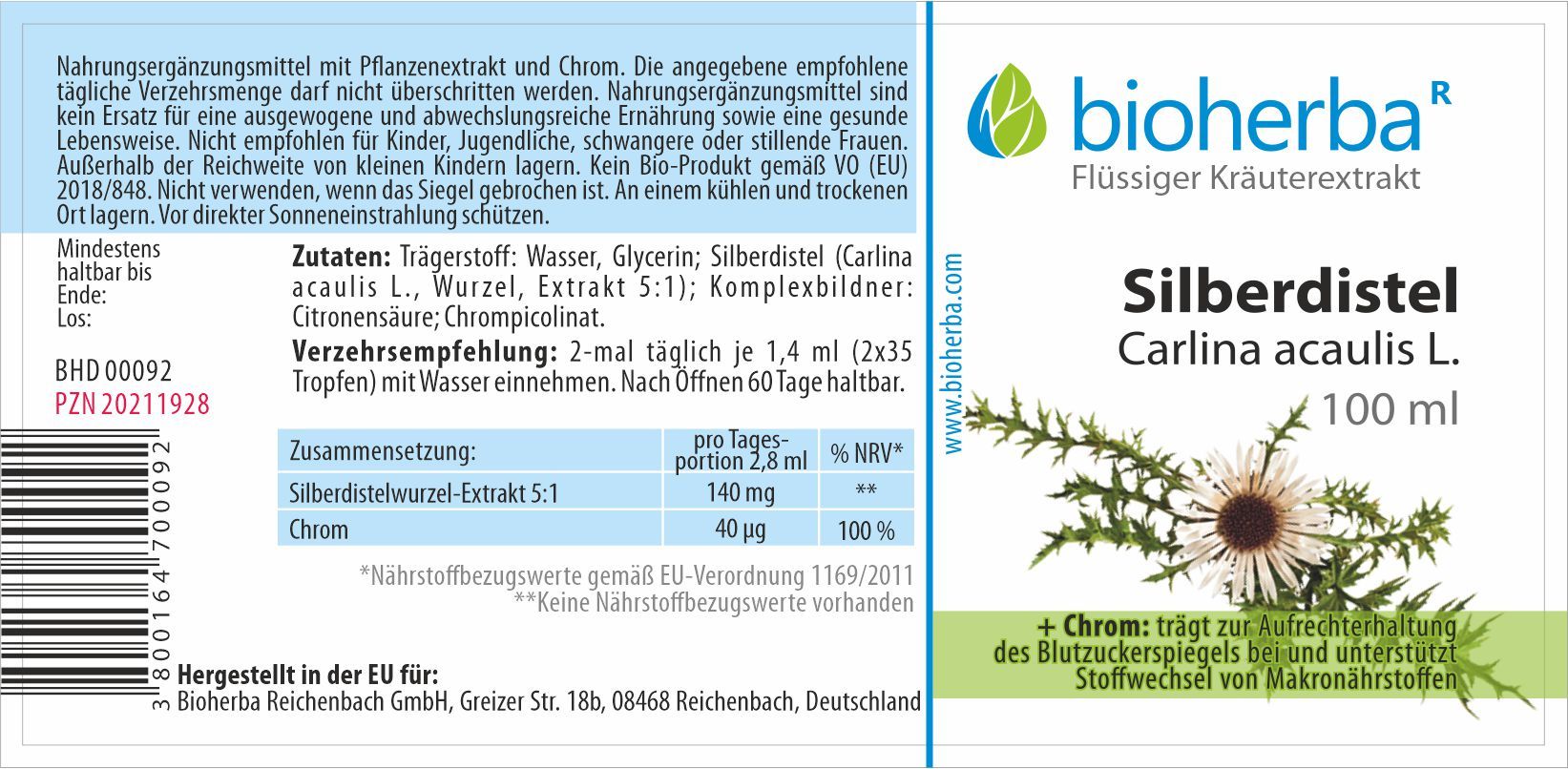 Etikett mit Produktinformationen. Bioherba Silberdistel Carlina acaulis L. Tropfen Tinktur. 100 ml Flasche. Text und Logo.