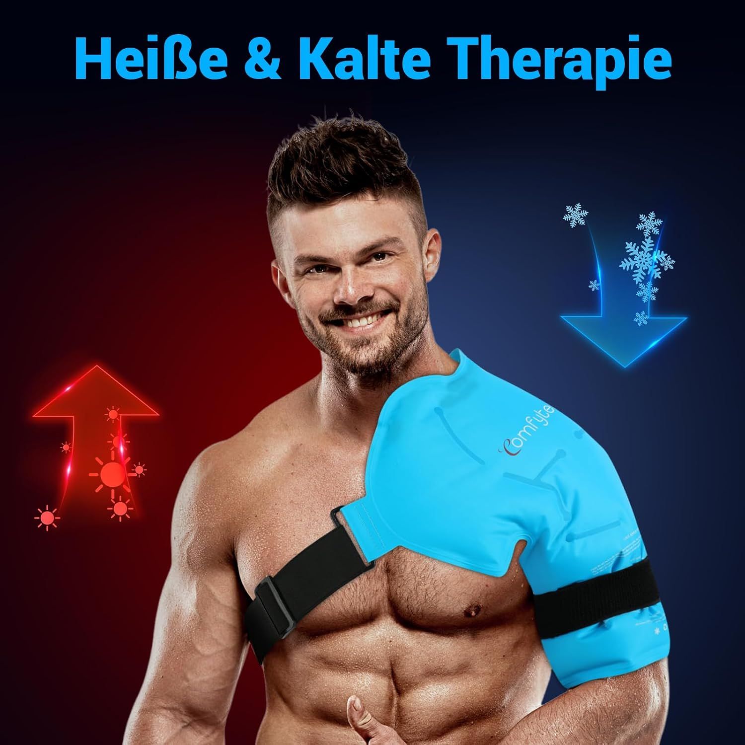 Mann mit blauer Schulter-Kühlpackung, die Wärme- und Kältetherapie zeigt.