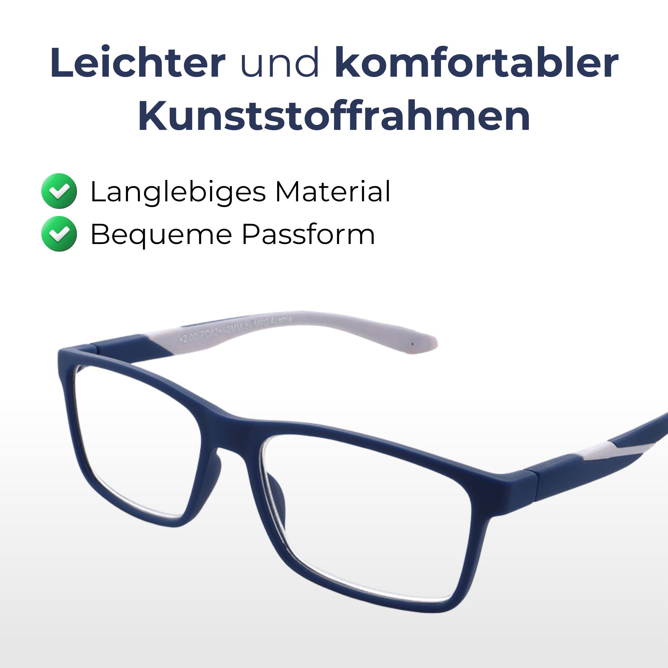 Brille mit blauem Kunststoffrahmen und grauem Bügel. Text: Leichter und komfortabler Kunststoffrahmen. Langlebiges Material, bequeme Passform.