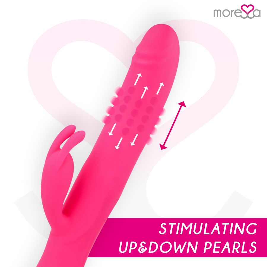 Rosa Vibrator mit Perlen und Pfeilen. Text: STIMULATING UP&DOWN PEARLS. Marke: more❤sa.