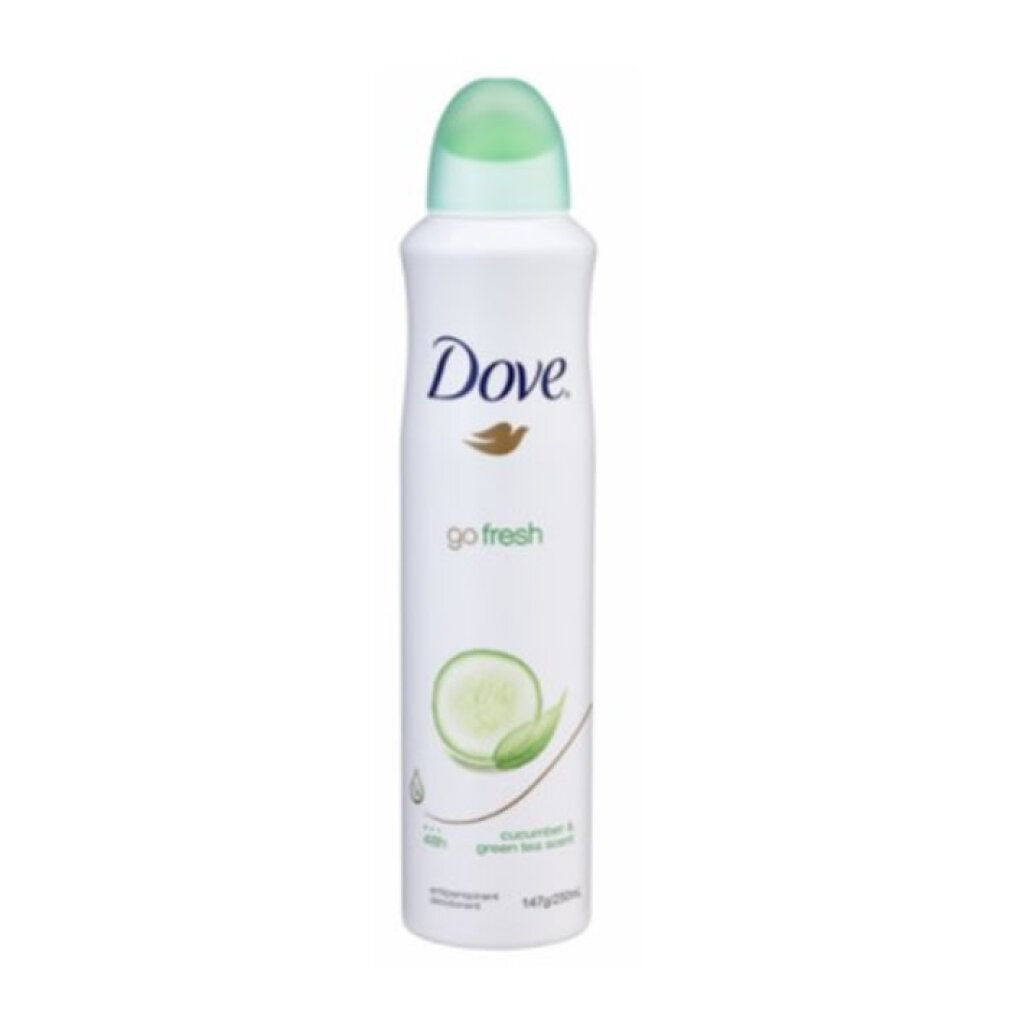 Dove Go Fresh Deodorant-Spray, weiß mit grünem Deckel. Aufschrift "go fresh" und Gurken-Abbildung. 147g.