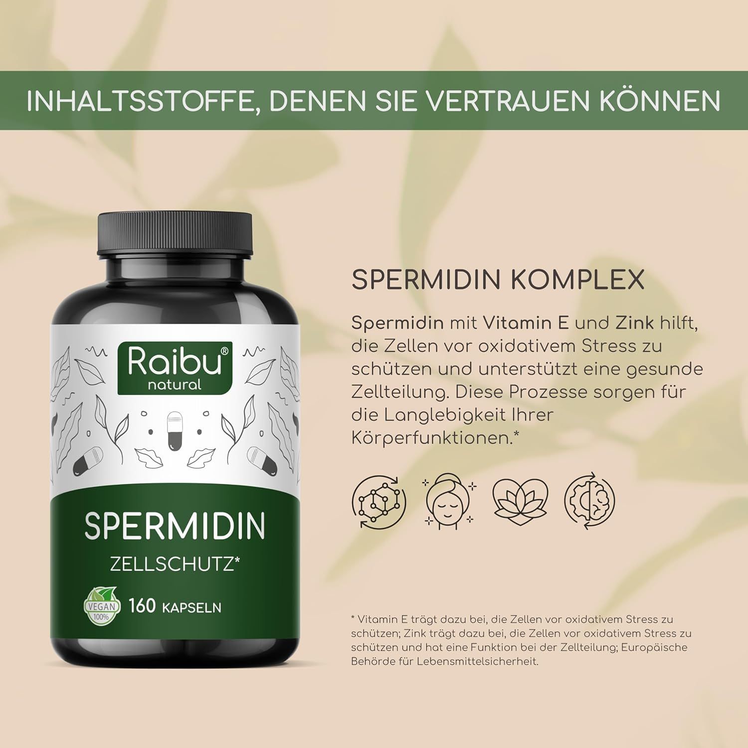 Produktflasche mit Etikett. Text: Spermidin Komplex, 160 Kapseln. Illustrationen von Gesichts- und Körperpflege. Text in deutscher Sprache.