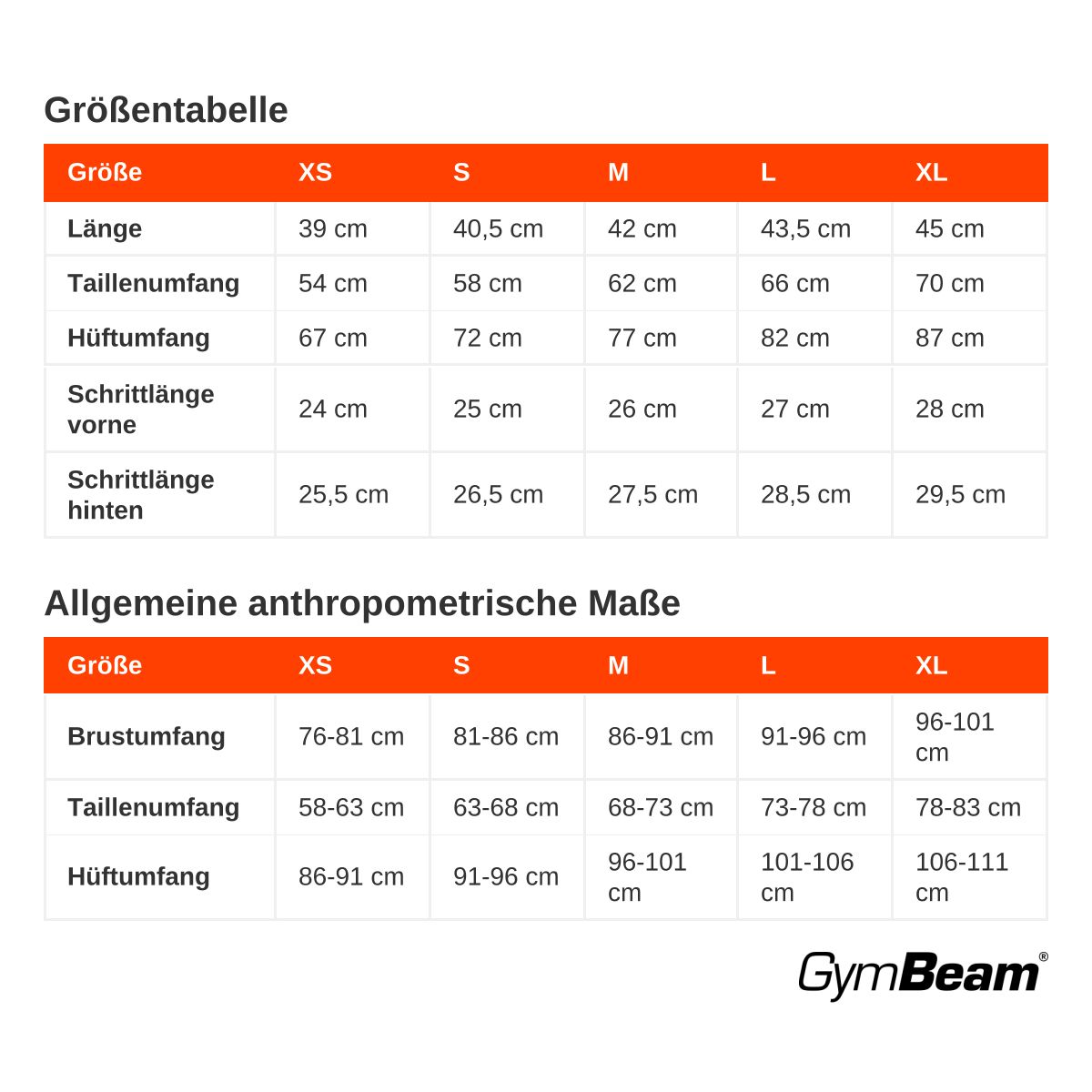 Größentabelle mit Maßen für Länge, Taillen-, Hüft- und Schrittlänge für die Größen XS bis XL.