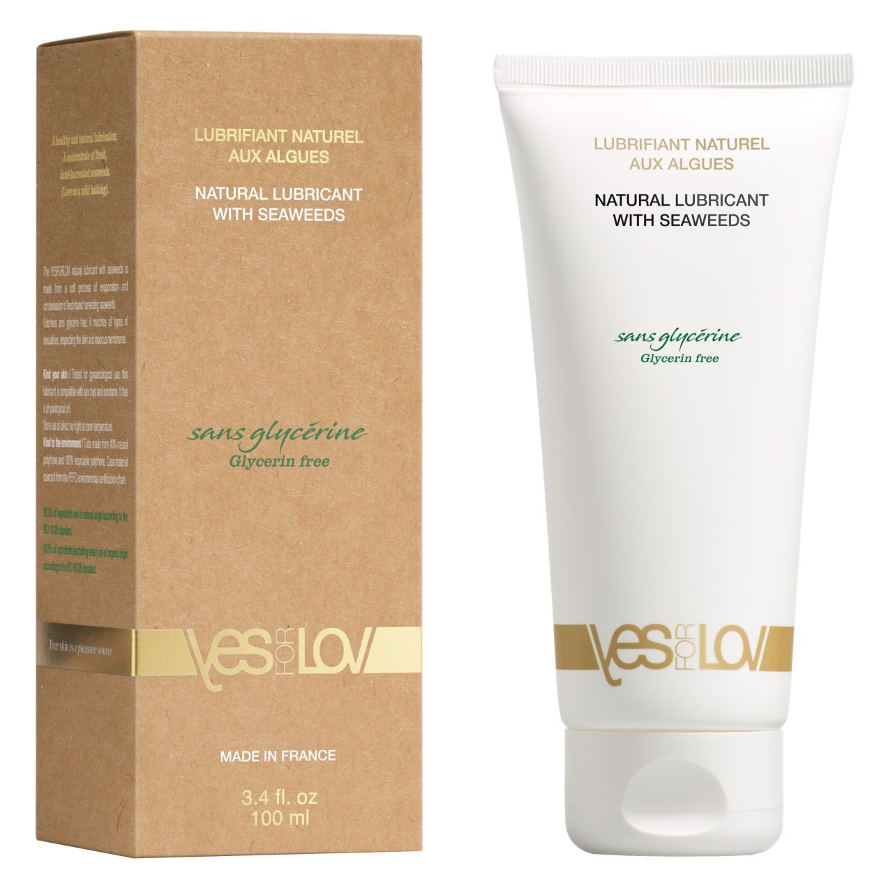 Produkt und Verpackung. Tube und Karton. Aufschrift: Natural Lubricant with Seaweeds, sans glycerine. Marke: YESforLOV.