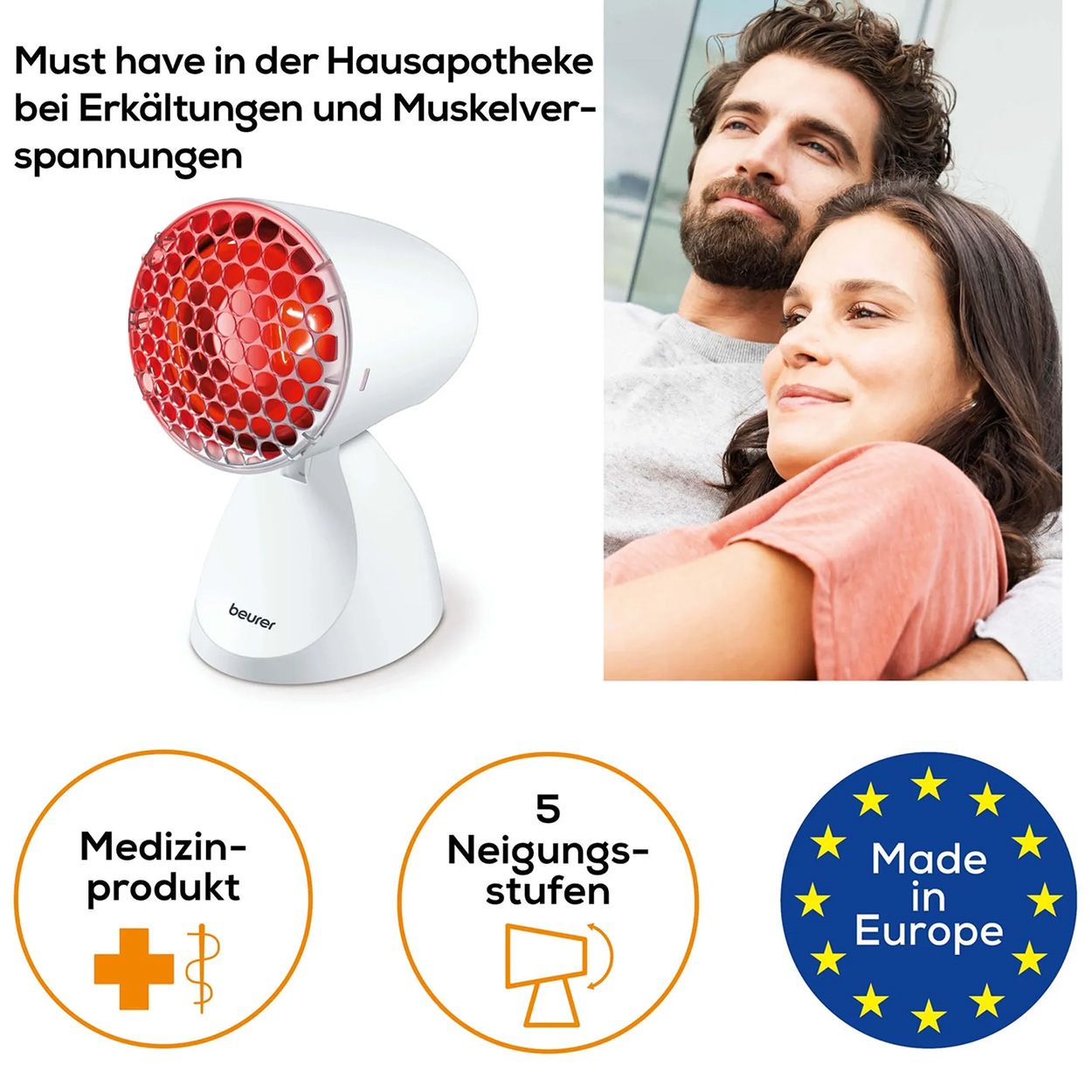 Weiße Infrarotlampe mit rotem Gitter. Text: Medizinprodukt, 5 Neigungsstufen, Made in Europe. Personen im Hintergrund.