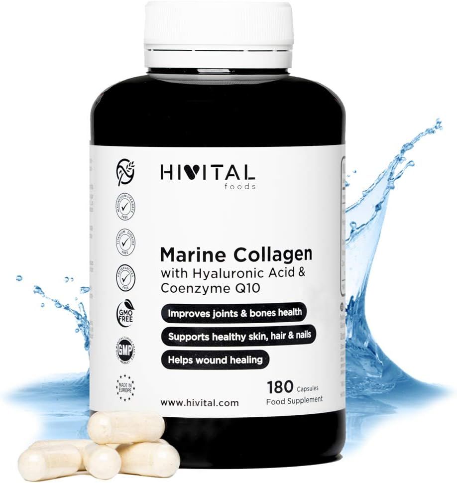 Schwarze Flasche mit weißem Etikett. Aufschrift: HIVITAL Marine Collagen. 180 Kapseln. Wasser spritzt.