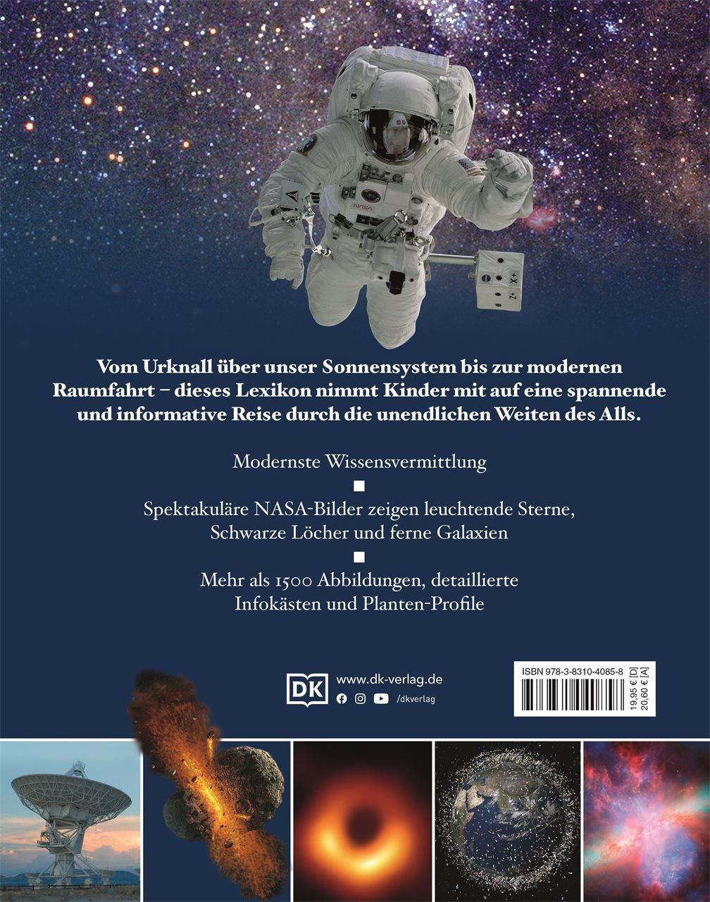 Rückseite eines Buches. Astronaut im Weltraum. Text über das Sonnensystem. Logos und ISBN-Code. Bilder von Weltraumobjekten.